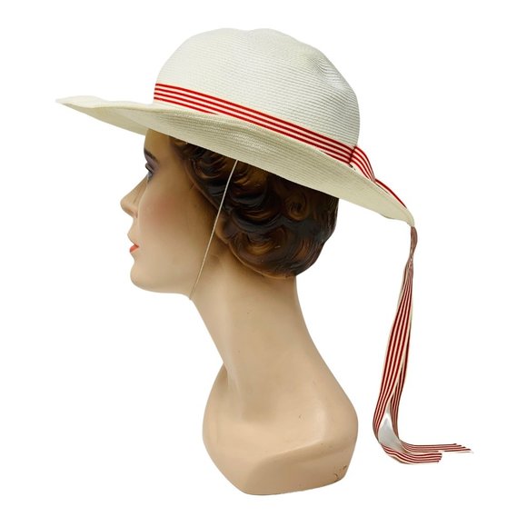 Vintage 1950s Sun Hat White Red Striped Ribbon Chin Strap Bonwit Teller Dapper main image 10
